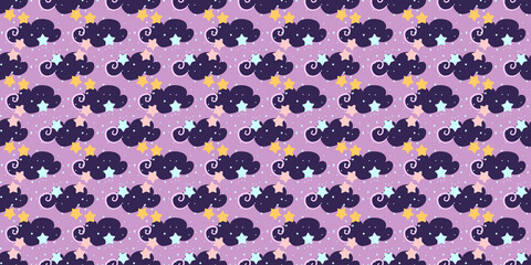 Mystical seamless pattern with clouds and stars.Magic astrology and the starry sky. Vector illustration for children's textiles