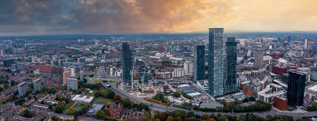 Fototapeta na wymiar Aerial view of Manchester city in UK on a beautiful sunny day.