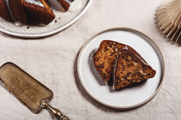 Pumpkin tangerine bundt cake with pumpkin spice and nuts for autumn fall dinner. Selective focus