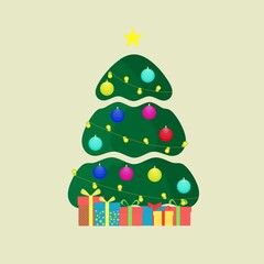 Christmas tree decorated with golden garlands and New Year's toys. Christmas tree. gifts under the tree.