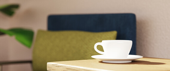 3D render of coffee cup or chocolate with smoke at home cafe or office on blur background.