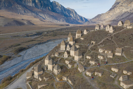 Ruins of ancient dead city in mountain - aerial view, Dargavs, Northern Ossetia, Russia