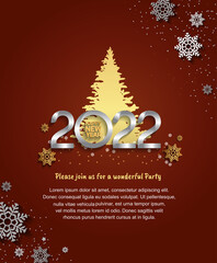 happy new year 2022 silver color with golden pine tree isolated red background