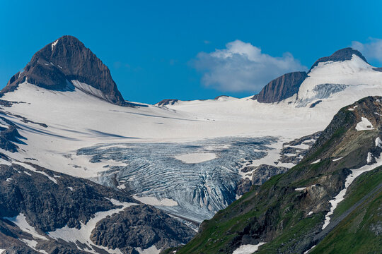 Scenic view of Gries Glacier on sunny day, Nufenen Pass, Switzerland