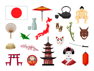 Vector objects associated with Japan. Illustrations of japanese landmarks in modern flat style.