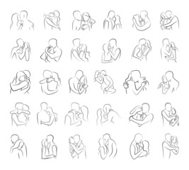 Vector set of hugs of people in love in a linear style. Abstract silhouettes of hugging guy and girl.