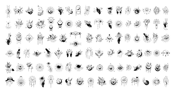 Collection of black and white esoteric tattoos. Mystical stickers.