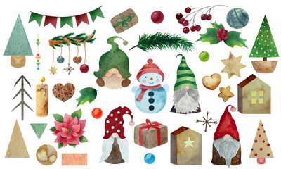 Childrens posters, cute, Christmas, New Year, Gnomes, Snowman, Decoration, Clipart ,Illustration, watercolor, tree, heart, set, house, gift box, flower, 