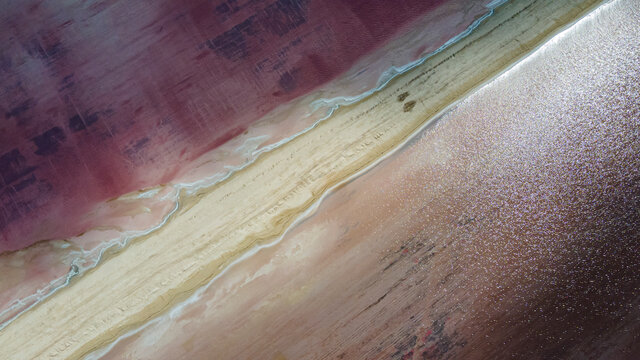 Mexico, Yucatan, Las Coloradas, Aerial view of coastal salt evaporation ponds