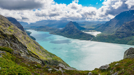 Naklejka na ściany i meble View lake gjende from the famous Besseggen hiking trail, Norway