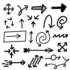Doodle arrows icon set isolated on white. Black hand drawn arrow. Line drawing. Vector illustration