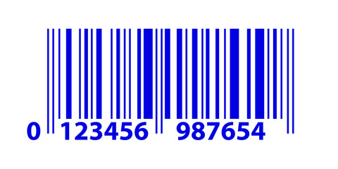 EAN code icon, linear bar code ean13. Product label sticker, blue stripes and numbers on white background. Vector illustration
