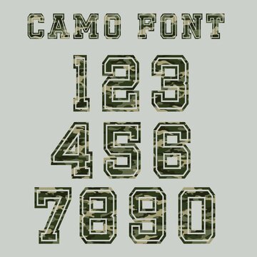 sports camouflage letters. camouflage font. figures for sportswear T-shirts and sweaters.