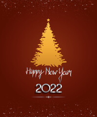happy new year 2022 silver color with golden pine tree isolated red background