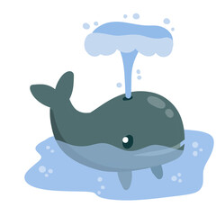 Leuke grappige walvis met waterfontein in zee of oceaan. Zeedier. Grappige blauwe potvis. Kinderen tekenen in Scandinavische stijl