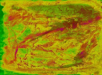 Multicolored watercolor background. Transparent lines and spots. Paint leaks and ombre effects....