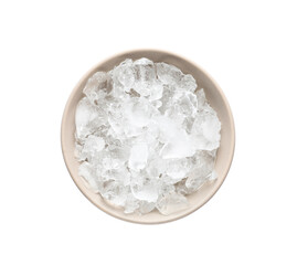 Crushed ice in bowl on white background, top view