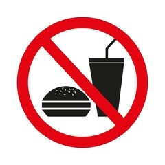 prohibited with food. red sign with burger and drink. no food sign