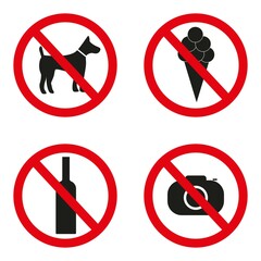 a set of prohibition signs for shopping centers and other premises. dogs are not allowed. with ice cream is prohibited. photography is prohibited. with alcoholic drinks is prohibited