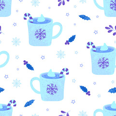 Colorful illustration of Christmas mug with cocoa, cream and a Christmas cane lollipop