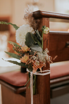 bouquet of flowers at wedding ceremony in church