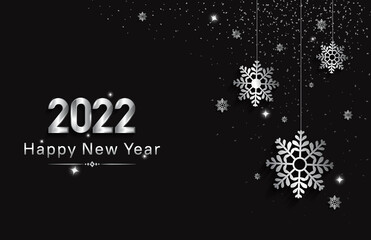 Fototapeta na wymiar happy new year 2022 silver color with hanging snowflake isolated black background
