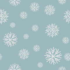 Flat white snowflakes isolated on gray blue background. Vector seamless winter pattern.
