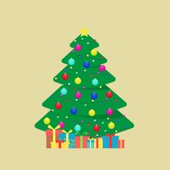 Christmas tree decorated with golden garlands and New Year's toys. Christmas tree.