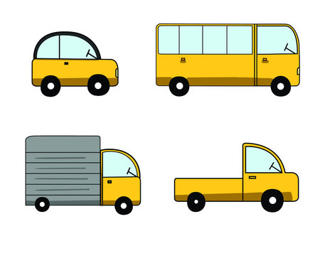 many kind of vehicle in vector with yellow color. truck, bus, carry, car