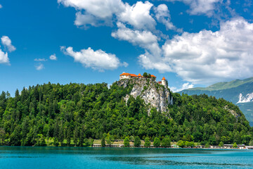 Fototapeta na wymiar Fairytale Bled Castle on Hill at Lake Bled in Slovenia