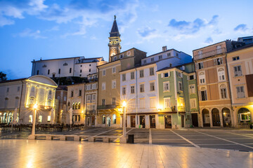 Fototapeta na wymiar Tartini Square in Piran Old Town in Slovenia at Sunrise