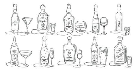 Bottle and glass martini, tequila, whiskey, wine, vodka, vermouth, champagne, liquor, beer, rum together in hand drawn style. Beverage outline icon. Line art sketch on white background