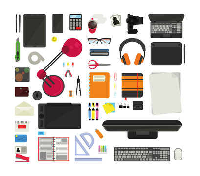 A set of office equipment and stationery. Isolated vector objects on the desktop. Illustrations for business and creativity.