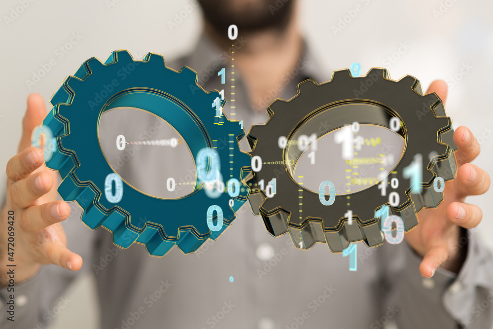 Poster Man draws gears on virtual screen. Blurred Abstract engine room..