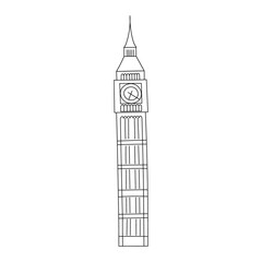 Vector line hand drawn illustration with Big Ben. London, England.  Great Bell of the striking clock. Clock tower. Isolated on white background