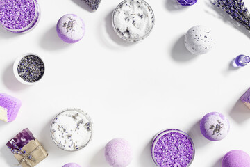 Natural Lavender essential fragrant aromatherapy, bath bomb, soap, bottle essential oil, jar with sea salt. Lavender Herbal medicine, natural cosmetic for body treatment, Health and self-care