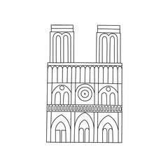 Vector line hand drawn illustration with Notre Dame Cathedral. Paris, France. Notre-Dame de Paris. Medieval Catholic cathedral