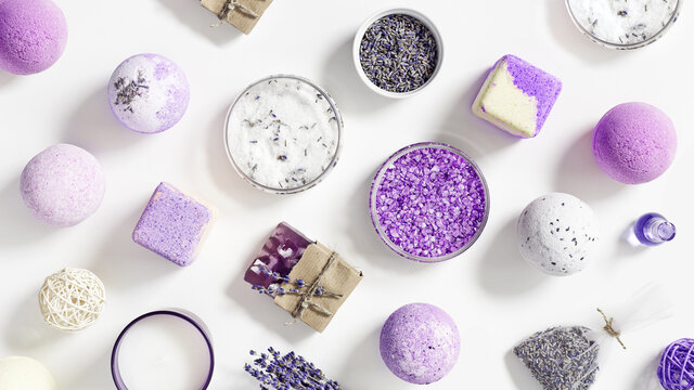 lavender spa products, bath bomb, sea salt, soap, essential oil, bath and spa items with dry lavender flowers. Natural cosmetic for beauty treatment and body care, herbal medicine