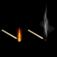 Set of realistic burning matches vector icon isolated on black background.