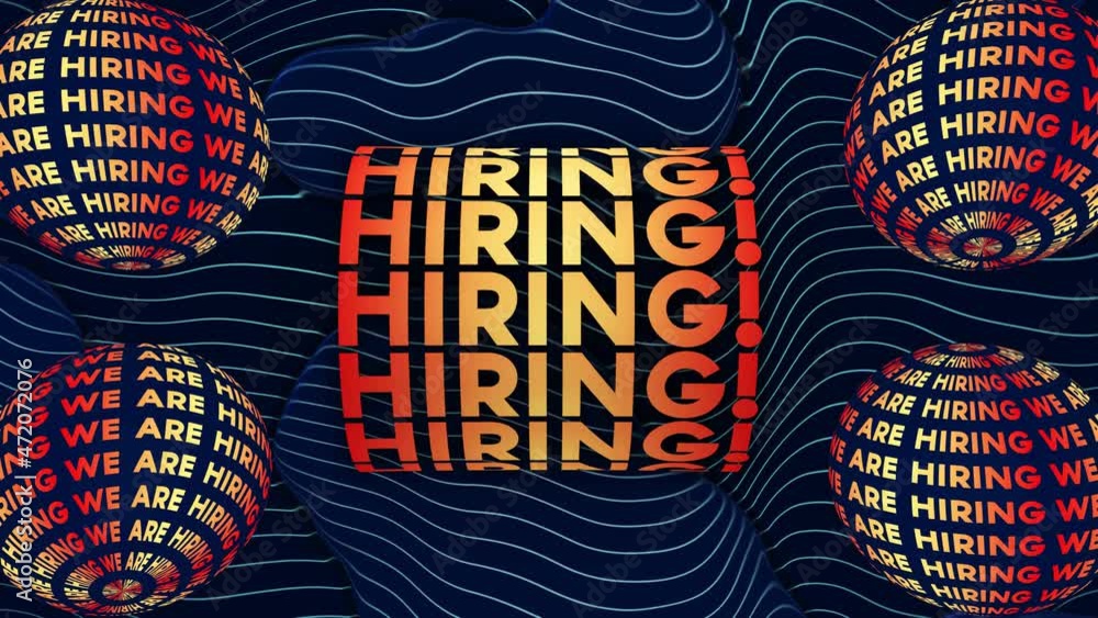 Poster red yellow gradient we are hiring lettering on cylinder and sphere kinetic motion with wavy liquid l