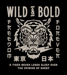 Black and White Wild Tiger Head Illustration with Tokyo Japan Words in Japanese Vector Artwork on Black Background for Apparel and Other Uses