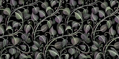 Fototapety  Botanical seamless pattern. Green ivy leaves, dark foliage. Floral tropical 3d illustration. Hand-drawn watercolor drawing. Stylish luxury background, wallpapers, cloth, paper, mural, fabric printing.