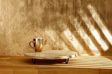 Natural wooden table with a blank background of shadows on the wall 