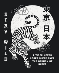 Black and White Tiger with Stay Wild Slogan and Japan Tokyo Words in Japanese Letters Vector Artwork on Black Background