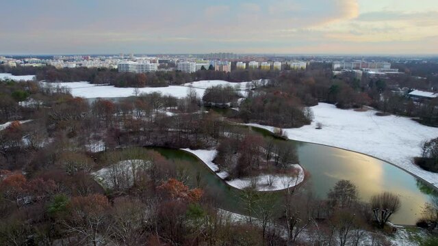 Munich perlach aerial skyline view skyscrapers aerial ospark munich germany at winter snow.