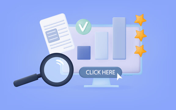 3d search result online. Annual report with the final result. Research and verification of information data on a computer screen. Computer window with business page interface. Vector illustration