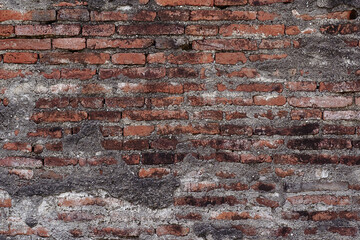 Grunge dirty old brick stone wall exterior on ancient architecture. Weathered textured pattern background with copy space for text. 