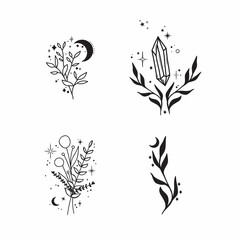 Hand Drawn Vector Florals. Magic Florals with Stars, Moon and Crystals. 