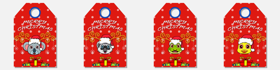 Set Collection Of Merry Christmas and  Happy New Year hand drawn label tag With Cute  Head Character Design. Koala, Raccoon, Frog and Duck. Vector and Illustration.