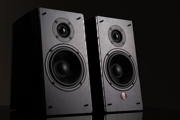 an image photograph of a pair of hi-fi level music speakers with two speakers on a black background